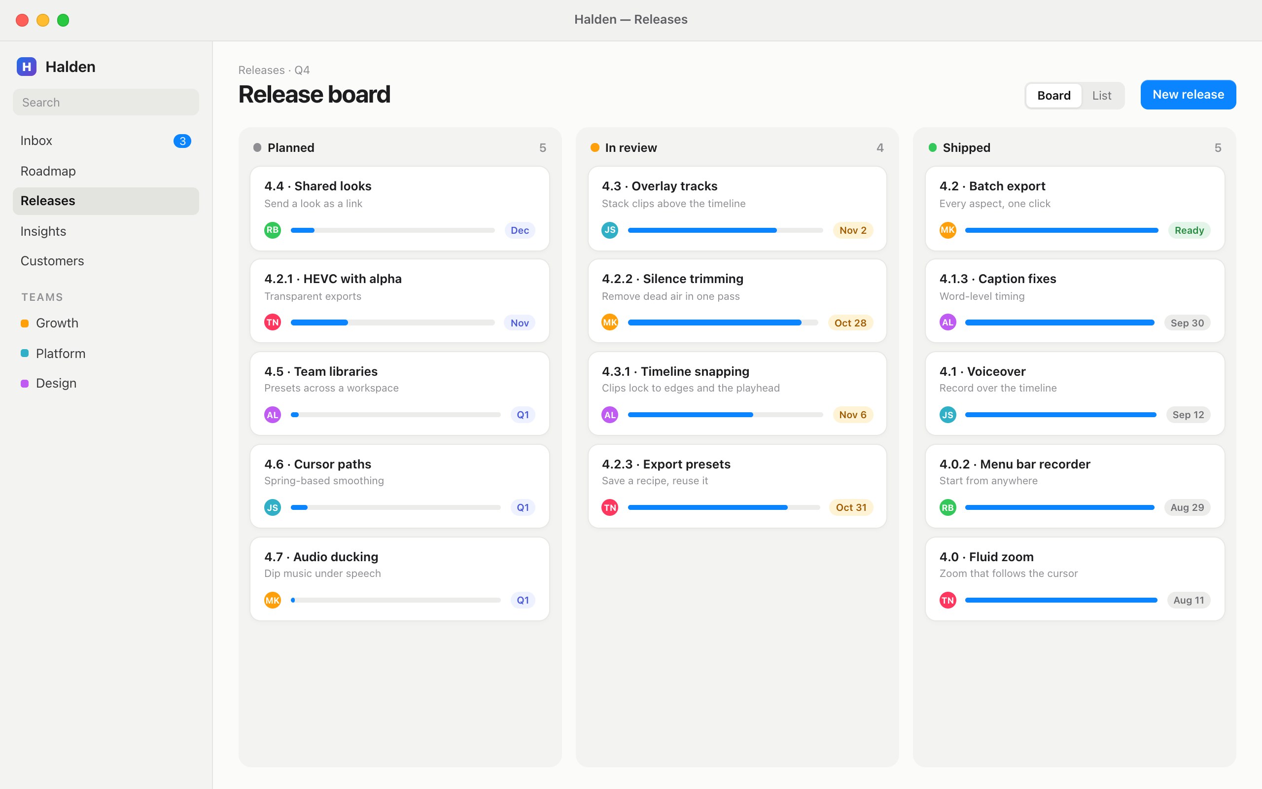 Sample screenshot of a release board in a project app, framed on a shader background